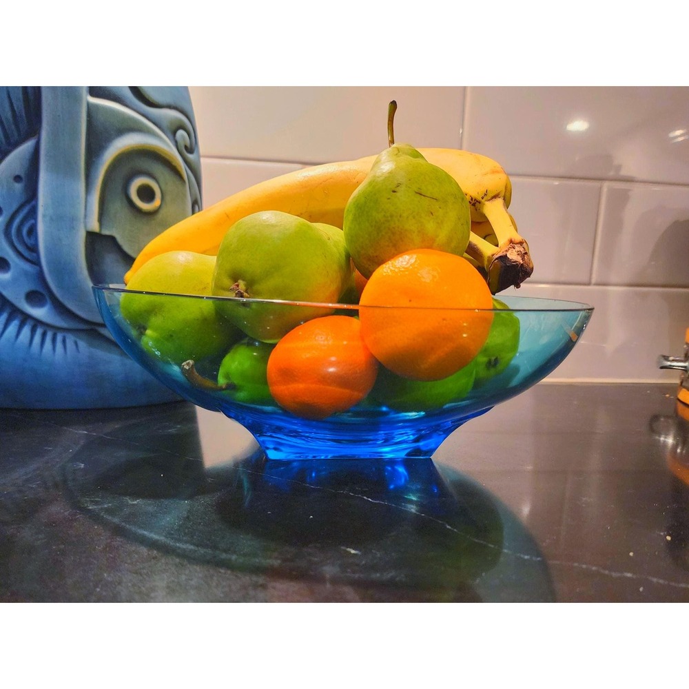 Vintage Aqua Blue Art Glass Bowl Mid Century Modern MCM Square Pedestal 9 Inch